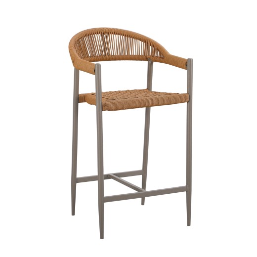 Brown Metal Indoor/Outdoor Armed Barstool with Natural Tan Terylene Fabric Seat and Back
