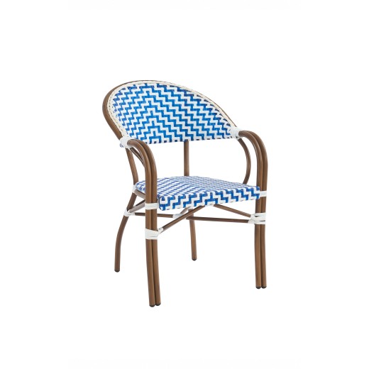 Contemporary Blue & White Indoor & Outdoor Metal Bistro Arm Chair with Dark Brown Frame
