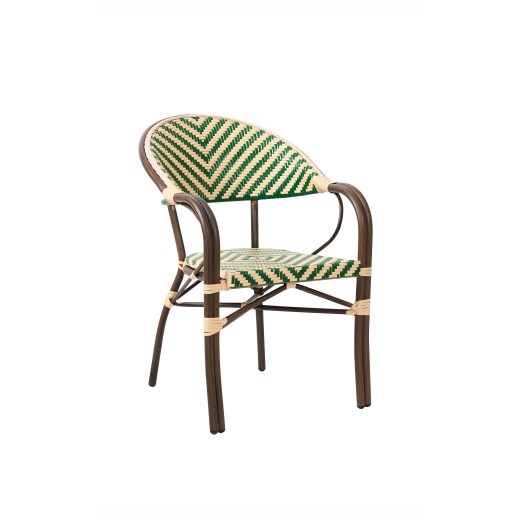 Contemporary Green & Beige Indoor & Outdoor Metal Bistro Arm Chair with Dark Brown Frame