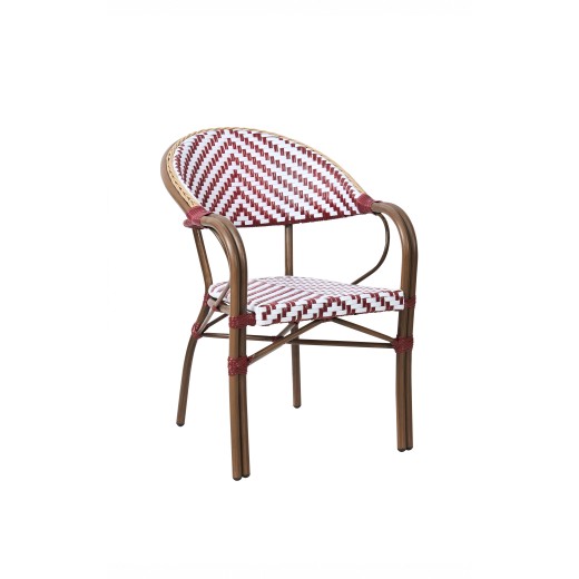 Contemporary Burgundy & White Indoor & Outdoor Metal Bistro Arm Chair with Dark Brown Frame
