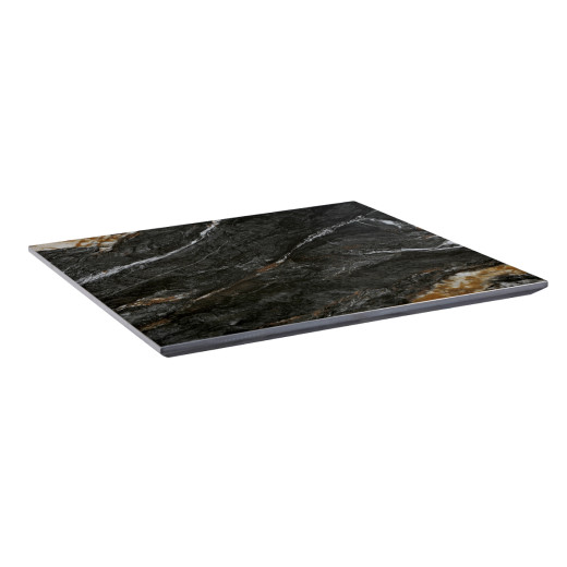 Indoor/Outdoor Black Sintered Stone Table Top with White Veining and Amber Highlights