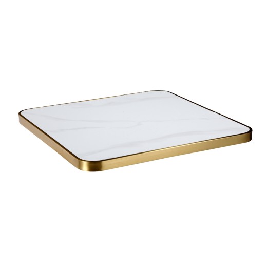 Indoor/Outdoor Marble White Sintered Stone Table Top with Light Grey Veining and Gold Stainless Steel Edge