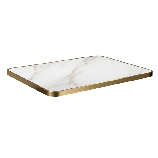 Indoor/Outdoor Marble White Sintered Stone Table Top with Gold Stainless Steel Edge