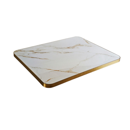 White Marble-Look Sintered Stone Table Top with Gold Veining and Stainless Steel Edge, Indoor/Outdoor Use