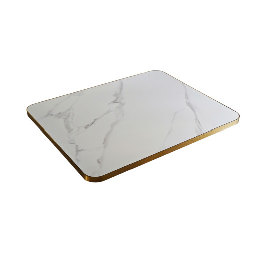 White Sintered Stone Table Top with Light Grey Veining and Gold Stainless Steel Edge, Indoor/Outdoor Use