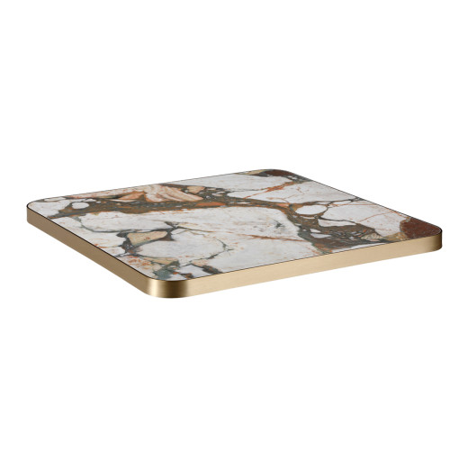 Indoor/Outdoor Marble White Sintered Stone Table Top with Bold Multicolor Veining  and Bronze Aluminum Alloy Edge