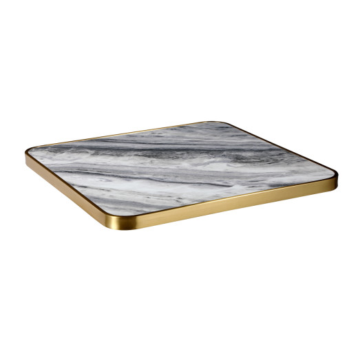 Indoor/Outdoor Sintered Stone Table Top with Soft Grey and Charcoal Veining Gold Stainless Steel Edge