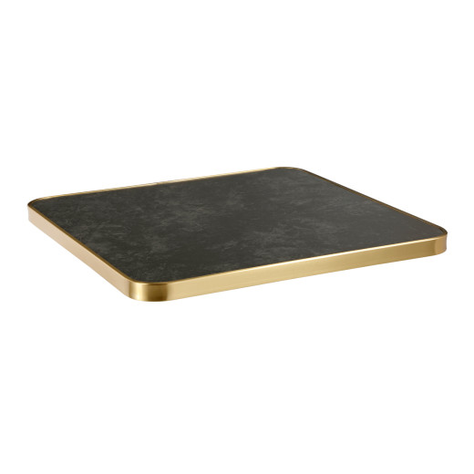 Indoor/Outdoor Black Sintered Stone Table Top with Subtle Cloudy Texture and and Gold Stainless Steel Edge