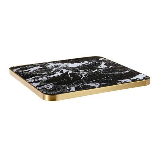 Indoor/Outdoor Black Marble Sintered Stone Table Top with Striking  White Veining and Gold Stainless Steel Edge