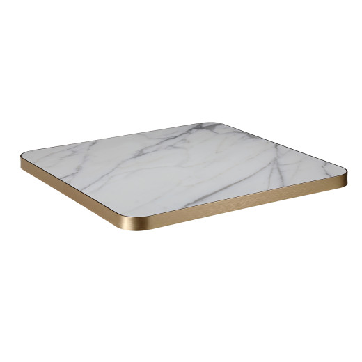 Indoor/Outdoor White Marble Sintered Stone Table Top with Dark Grey Veining and Bronze Aluminum Alloy Edge