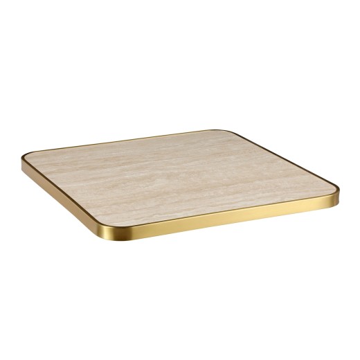 Beige Marble-Inspired Sintered Stone Table Top with Natural Travertine Patterning and Gold Stainless Steel Edge for Indoor/Outdoor Use