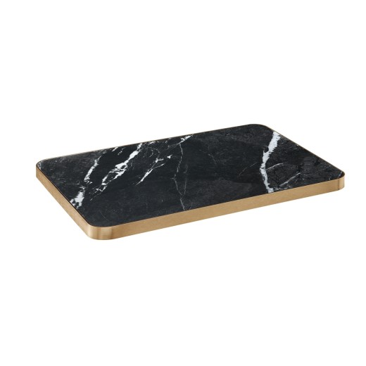 Black Marble-Look Sintered Stone Table Top with White Streak Veining and Gold Aluminum Edge for Indoor and Outdoor Use