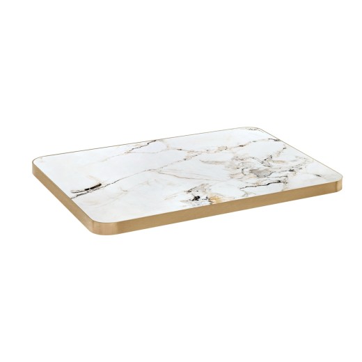 Light Grey and Gold Veining White Marble-Look Sintered Stone Table Top with Gold Aluminum Edge, Indoor/Outdoor Use