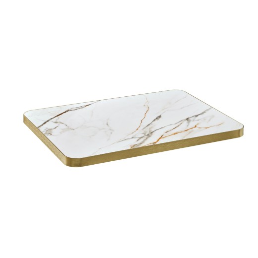 White Marble-Look Sintered Stone Table Top with Elegant Gold Veining and Gold Aluminum Edge for Indoor and Outdoor