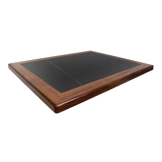 Sintered Stone Table Top in Black w/ Walnut Wood Edge in Dark Walnut Color, 1 1/4" Thick 