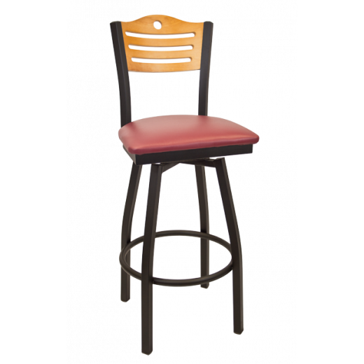 Circle & 3 Slats Back Vinyl Seat Metal Swivel Barstool w/ Back in Gold Oak