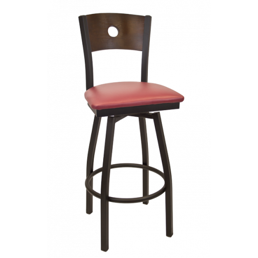 Circle in Back Vinyl Seat Metal Swivel Barstool w/ Back in Walnut