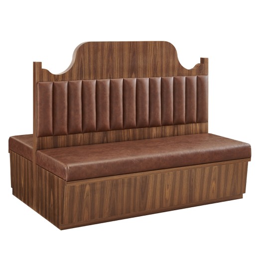 60" x 46"H Country-Style Walnut Veneer Double Booth with Scalloped Top and Brown Channel-Stitched Vinyl