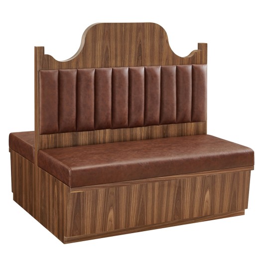 47" x 46"H Country-Style Walnut Veneer Double Booth with Scalloped Top and Brown Channel-Stitched Vinyl