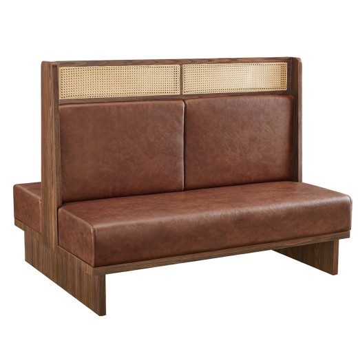 60" x 46"H  Mid-Century Double  Dining Booth in Walnut Veneer Frame and Cane with Brown Padded Seat and Back