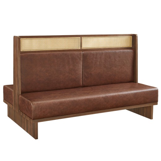 72" x 46"H  Mid-Century Double  Dining Booth in Walnut Veneer Frame and Cane with Brown Padded Seat and Back