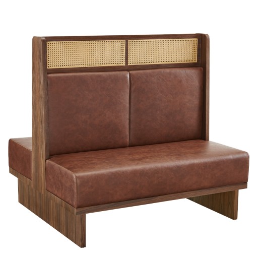 47" x 46"H  Mid-Century Double  Dining Booth in Walnut Veneer Frame and Cane with Brown Padded Seat and Back