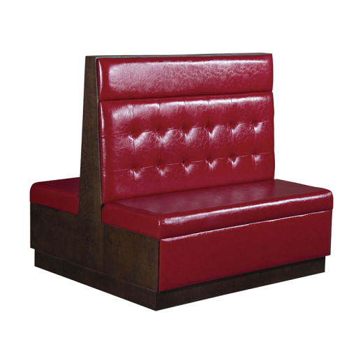 46"H, Red Vinyl Double Booth w/Button Tufted Back and Veneer Wood Frame