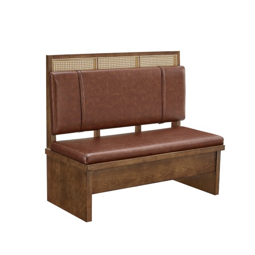 47"L x 42"H Single Walnut Veneer Booth with Brown Padded Vinyl Seat and Cane Back Detail