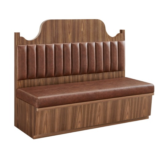 60" x 46"H Country-Style Walnut Veneer Single Booth with Scalloped Top and Brown Channel-Stitched Vinyl