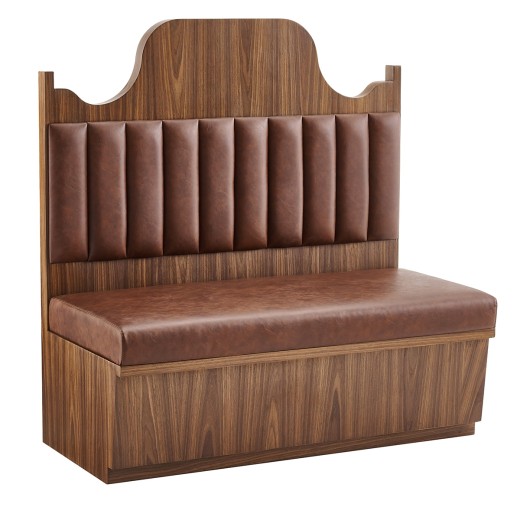 47" x 46"H Country-Style Walnut Veneer Single Booth with Scalloped Top and Brown Channel-Stitched Vinyl