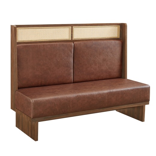 60" x 46"H  Mid-Century Single  Dining Booth in Walnut Veneer Frame and Cane with Brown Padded Seat and Back