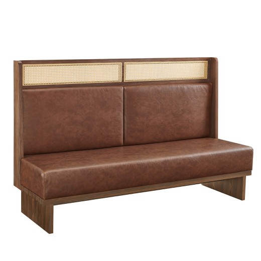 72" x 46"H  Mid-Century Single  Dining Booth in Walnut Veneer Frame and Cane with Brown Padded Seat and Back