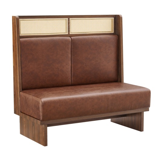 47" x 46"H  Mid-Century Single  Dining Booth in Walnut Veneer Frame and Cane with Brown Padded Seat and Back
