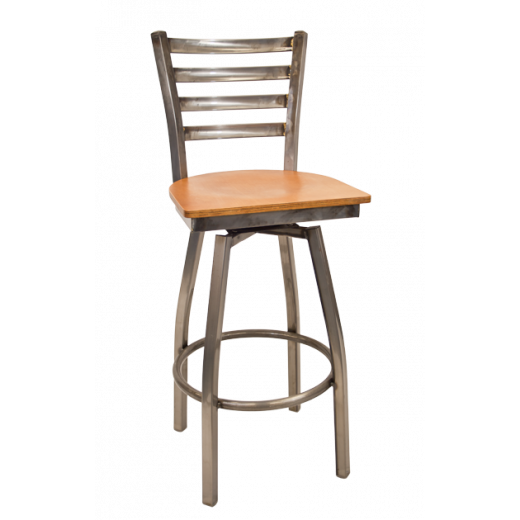 Ladder Back Clear Coated Swivel Barstool w/ Veneer Seat