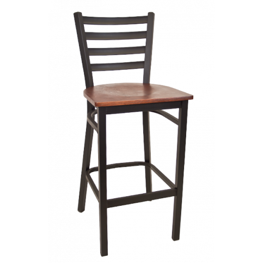 Black Metal Barstool w/ Ladder Back & Veneer Seat