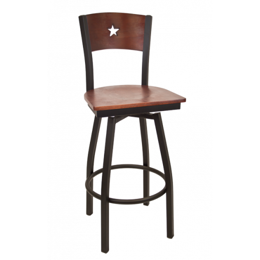 Star Back Veneer Seat Metal Swivel Barstool w/ Back & Seat in Dark Mahogany