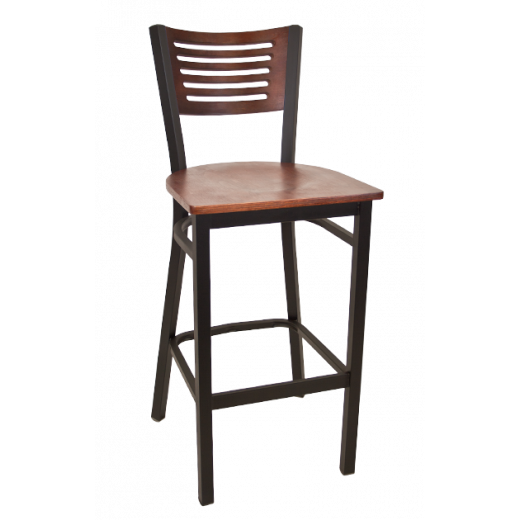 5 Slats Back Veneer Seat Metal Swivel Barstool w/ Back & Seat in Dark Mahogany