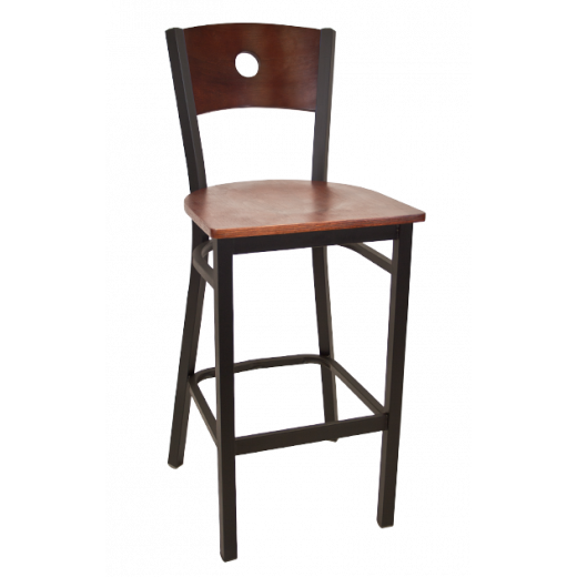 Circle in Back Veneer Seat Metal Barstool w/ Back & Seat in Dark Mahogany