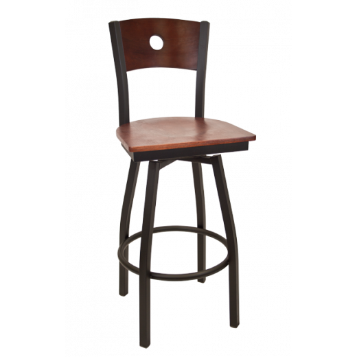 Circle in Back Veneer Seat Metal Swivel Barstool w/ Back & Seat in Dark Mahogany