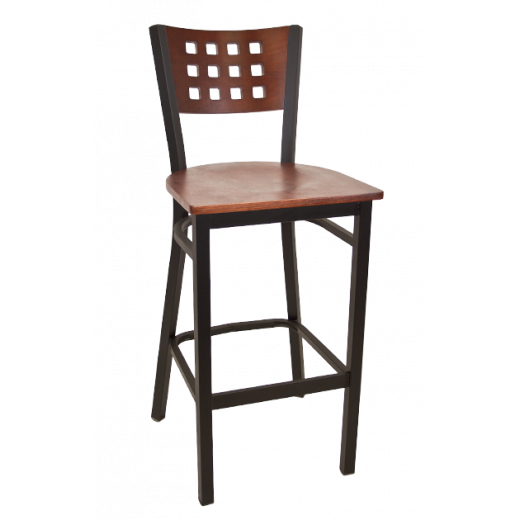 Lattice Back Veneer Seat Metal Barstool w/ Back & Seat in Dark Mahogany