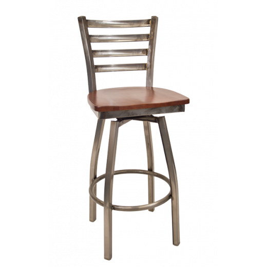 Ladder Back Clear Coated Swivel Barstool w/ Wood Seat