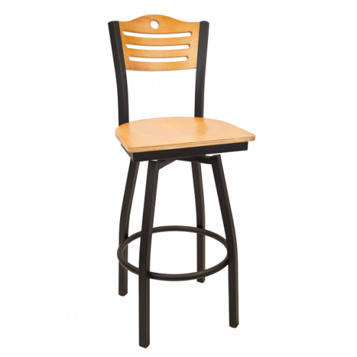 Circle & 3 Slats Back Veneer Seat Metal Swivel Barstool w/ Back & Seat in Gold Oak