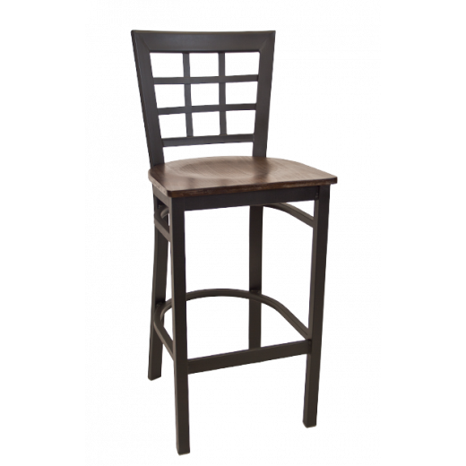 Black Metal Barstool w/ Window Back & Veneer Seat