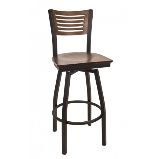 5 Slats Back Veneer Seat Metal Swivel Barstool w/ Back & Seat in Walnut