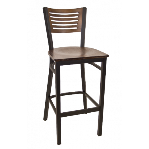 5 Slats Back Veneer Seat Metal Barstool w/ Back & Seat in Walnut