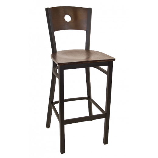 Circle in Back Veneer Seat Metal Barstool w/ Back & Seat in Walnut