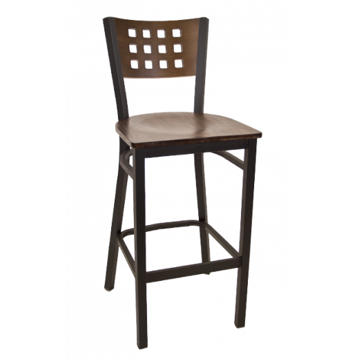Lattice Back Veneer  Seat Metal Barstool w/ Back & Seat in Walnut