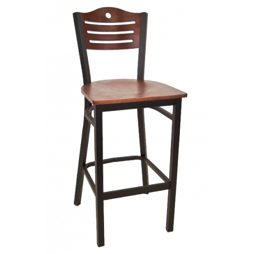 Circle & 3 Slats Back Veneer Seat Metal Barstool w/ Back & Seat in Dark Mahogany