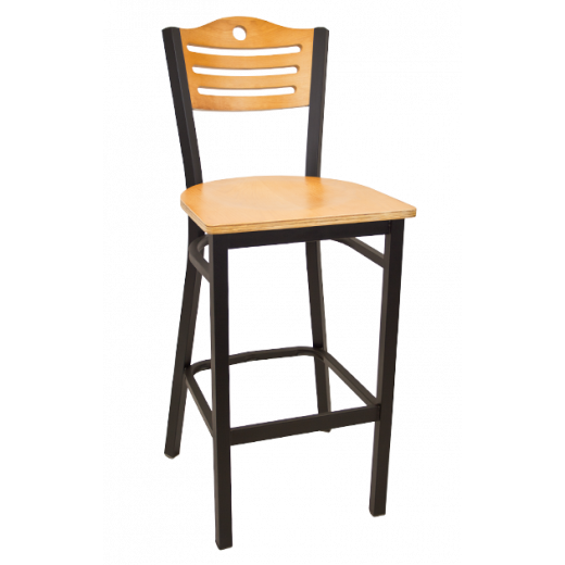Circle & 3 Slats Back Veneer Seat Metal Barstool w/ Back & Seat in Gold Oak
