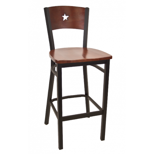 Star Back Wooden Seat Metal Barstool w/ Back & Seat in Dark Mahogany